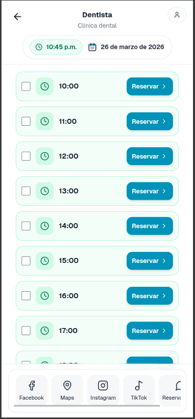 Selección de horario disponible para reservar
