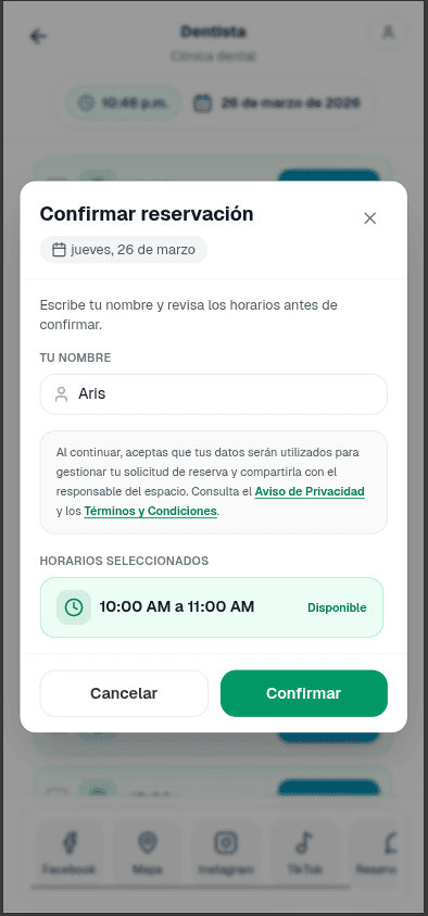 Confirmación de reserva con datos de contacto del negocio