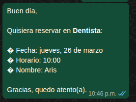 Mensaje de reserva generado automáticamente para WhatsApp